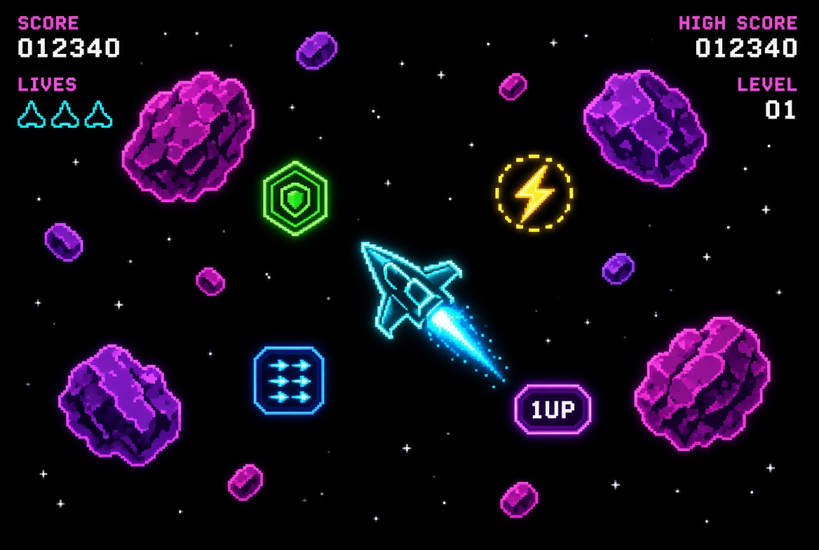 Referencia: nave cyan disparando entre asteroides violetas con power-ups de neón sobre fondo negro