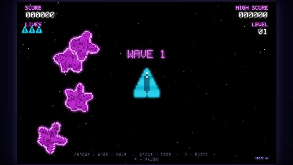 Gameplay de la variante de Claude Code: HUD con score y vidas, banner WAVE 1, nave triangular cyan y asteroides violetas