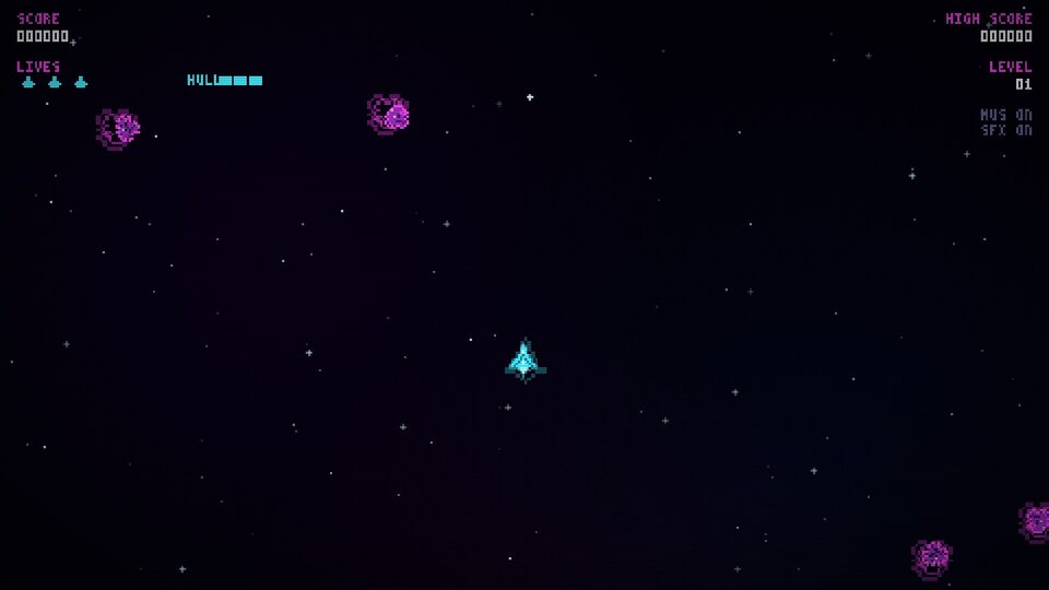 Gameplay de la variante de Codex: HUD con score, vidas, barra de HULL y nave cyan