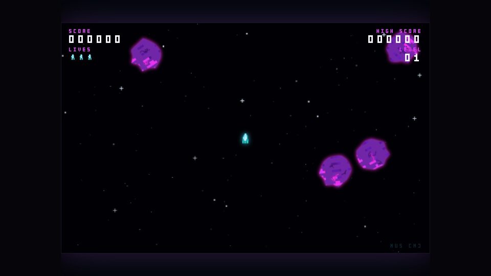 Gameplay de la variante de Droid: tres vidas y asteroides redondos con brillo violeta