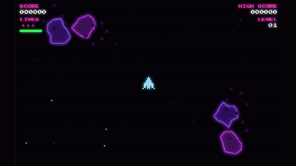 Gameplay de la variante de Grok: vidas, barra de HP verde, nave pixel y asteroides angulares con trazo violeta