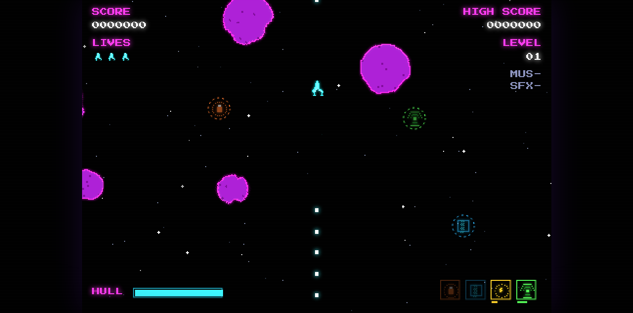 Gameplay de la variante de Hermes: HUD con score, vidas, barra de HULL, cuatro power-ups de neón y nave cyan