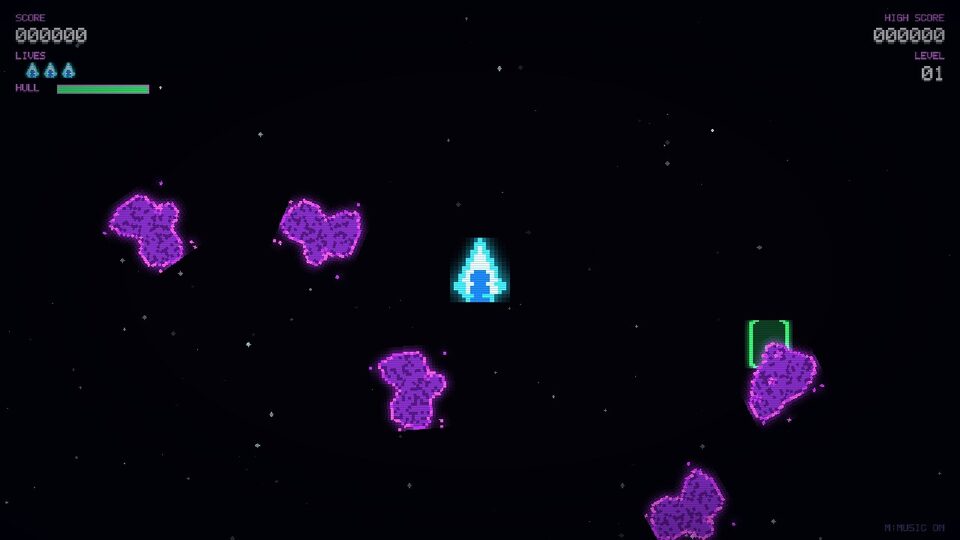 Gameplay de la variante de OMP: nave triangular, barra de casco verde y un power-up en caja