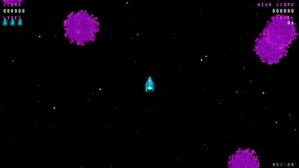 Gameplay de la variante de OpenCode: HUD pixel, nave cyan y asteroides violetas granulados