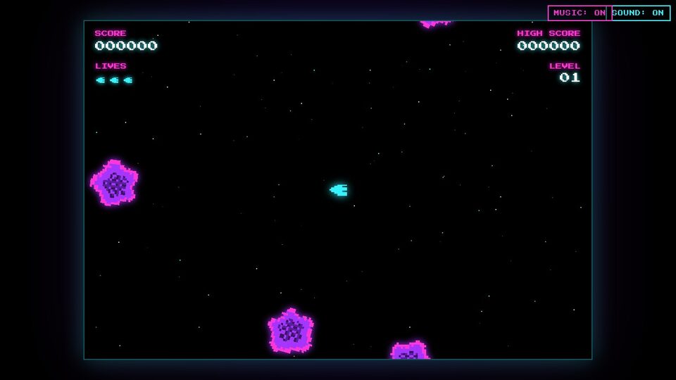 Gameplay de la variante de Pi: marco cyan, indicadores MUSIC y SOUND, y rocas cristalinas