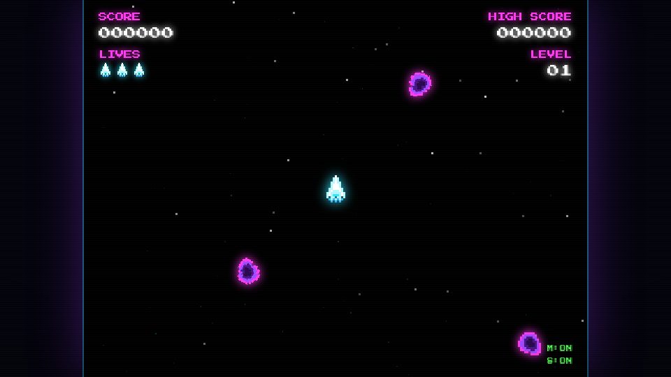 Gameplay de la variante de Qwen: HUD con score y vidas, indicadores M y S, nave cyan y orbes de neón