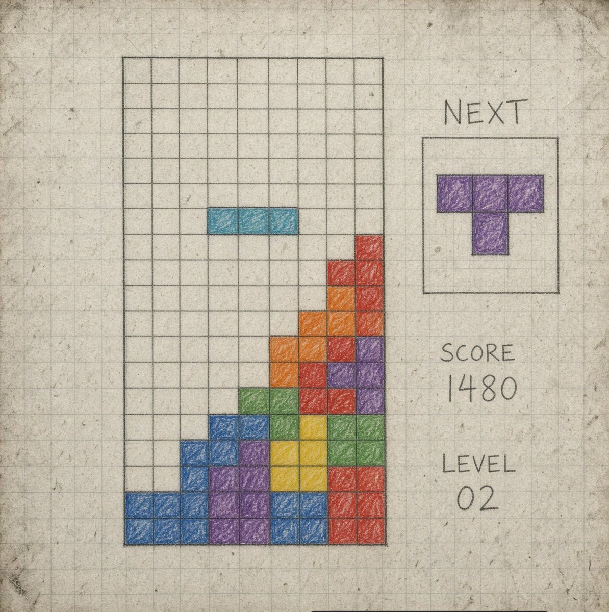 Imagen de referencia: Tetris dibujado a lápiz sobre papel cuadriculado, con Next, Score y Level